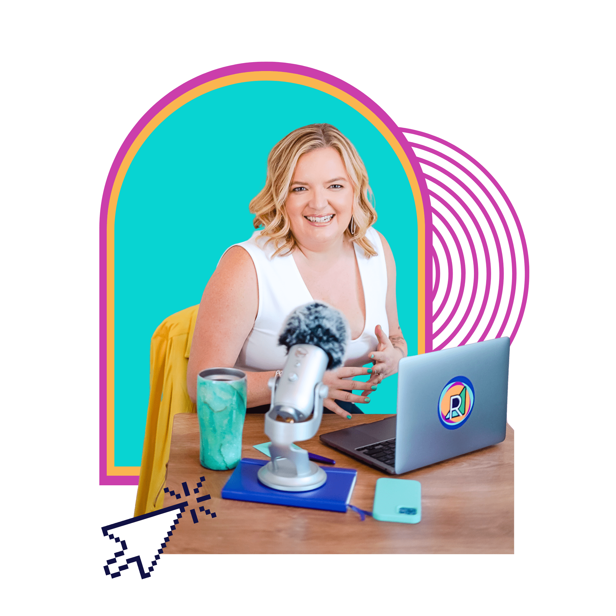 a smiling Renia Carsillo sitting at a desk, ready to record her Small Stage, Big Impact podcast