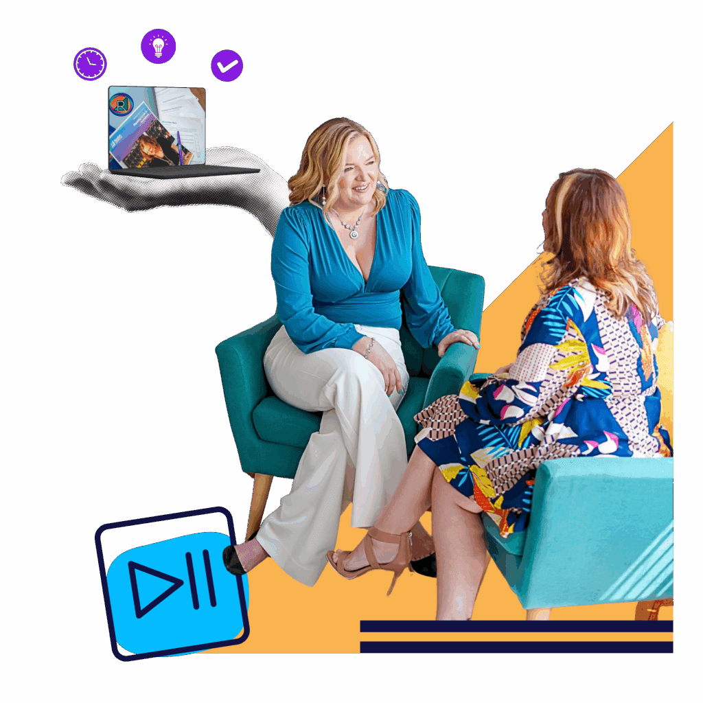 Renia Carsillo and a client chatting while sitting in cushioned chairts