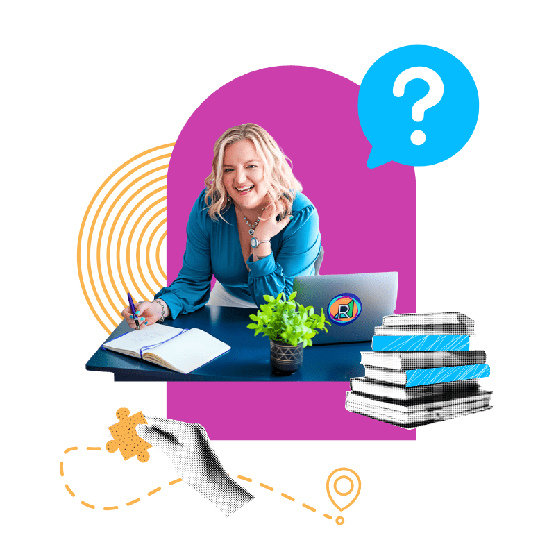 a smiling Renia writing in a notebook with her laptop open beside her on a desk