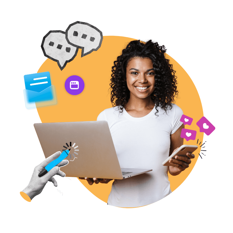 a woman holding a laptop and phone