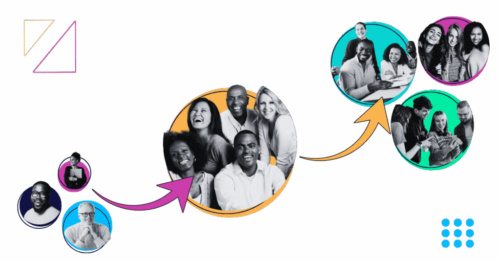 a progression of community, starting with three individuals, then a group of people, then three connected groups