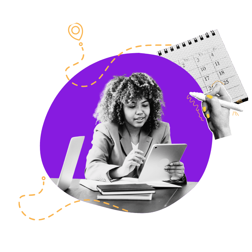a woman sitting at a desk, working on a tablet, with a calendar icon above her head