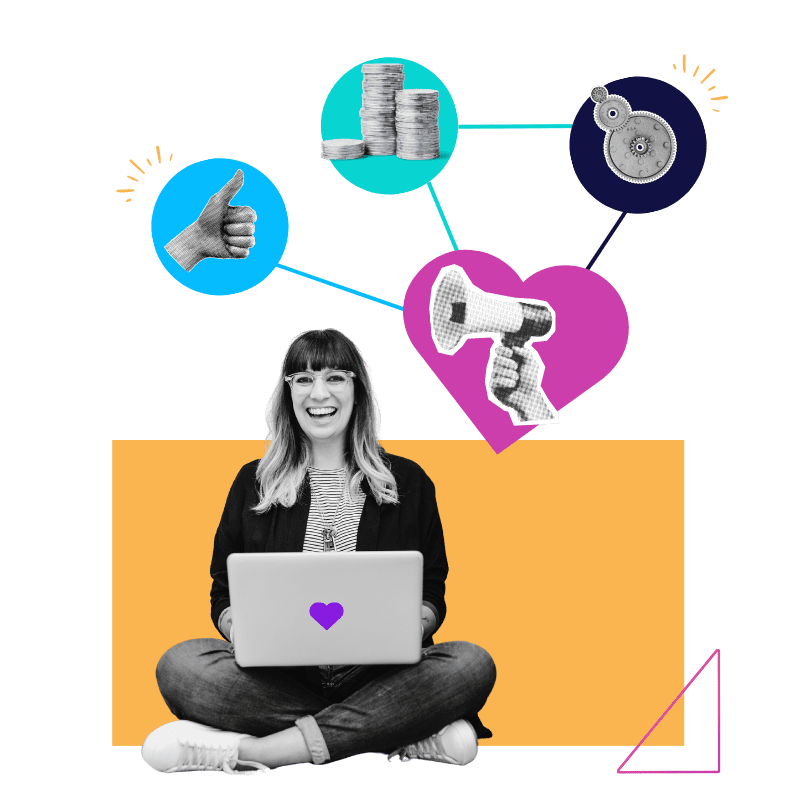 A person sitting on the ground with a laptop on their lap. Several icons float above, including a loud speaker, a thumbs up sign, a stack of coins, and gears.