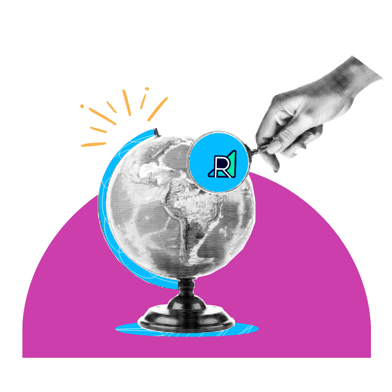 a magnifying glass with the Realign Consulting logo held in front of a globe
