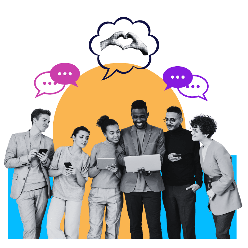 a diverse group of young people crowded around a laptop with typing emojis floating above their heads