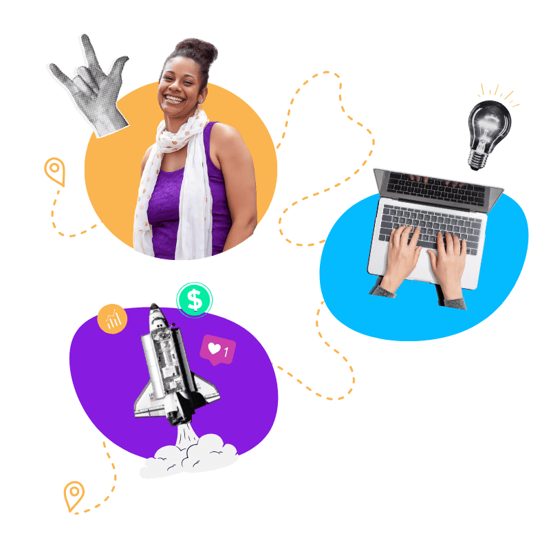Three circles connected by dotted lines. One circle contains a smiling business founder, one contains a laptop with hands typing on it, and one contains a launching rocket ship