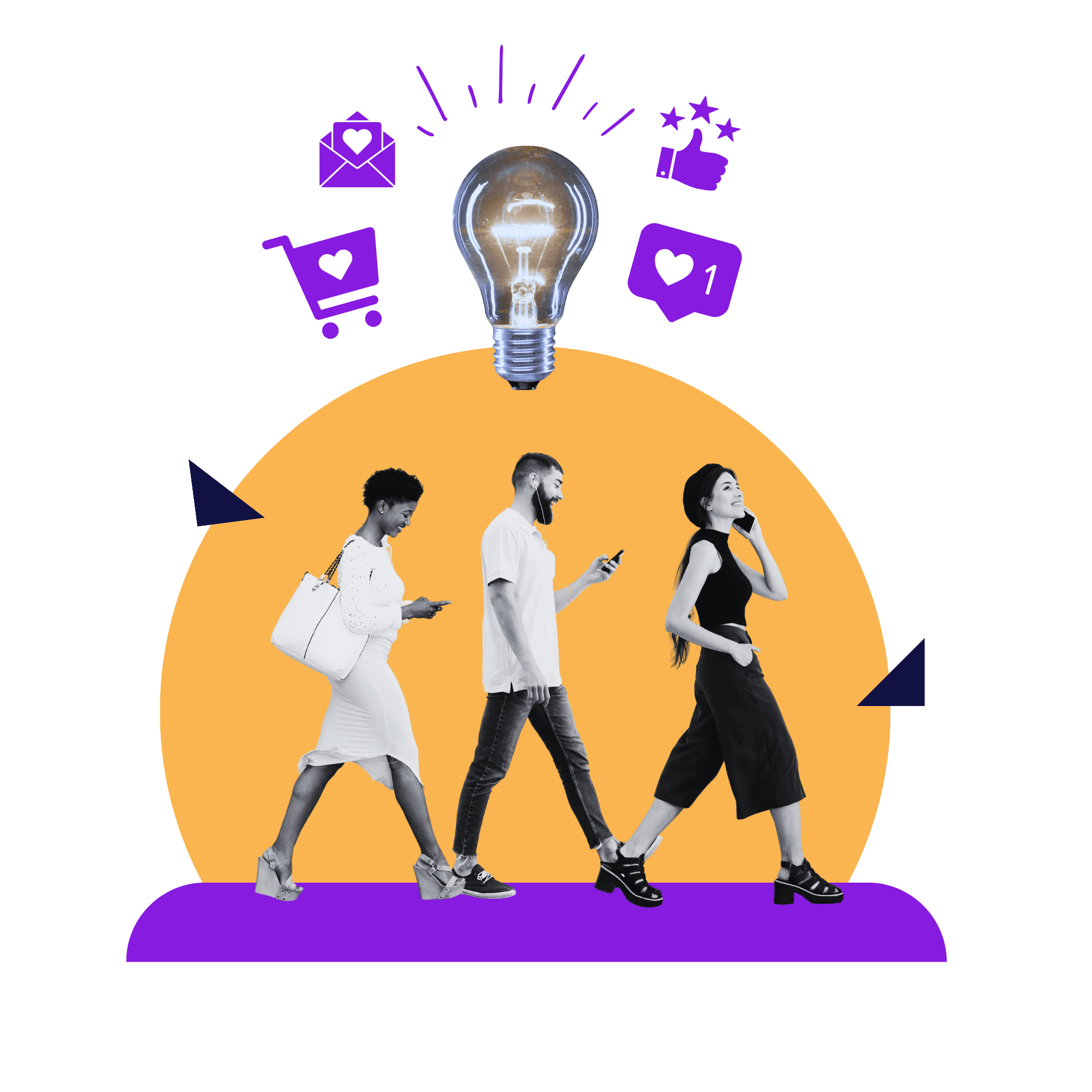 Three people walking while holding cell phones, with a light bulb image above their heads