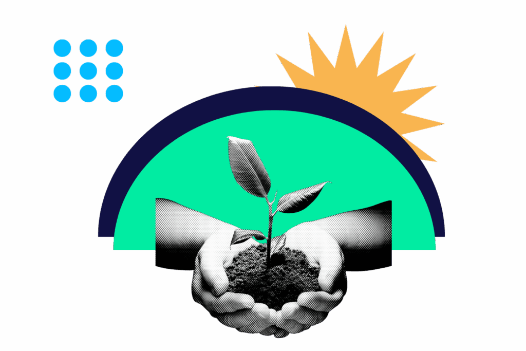 hands cupped to hold soil with a newly sprouted sapling