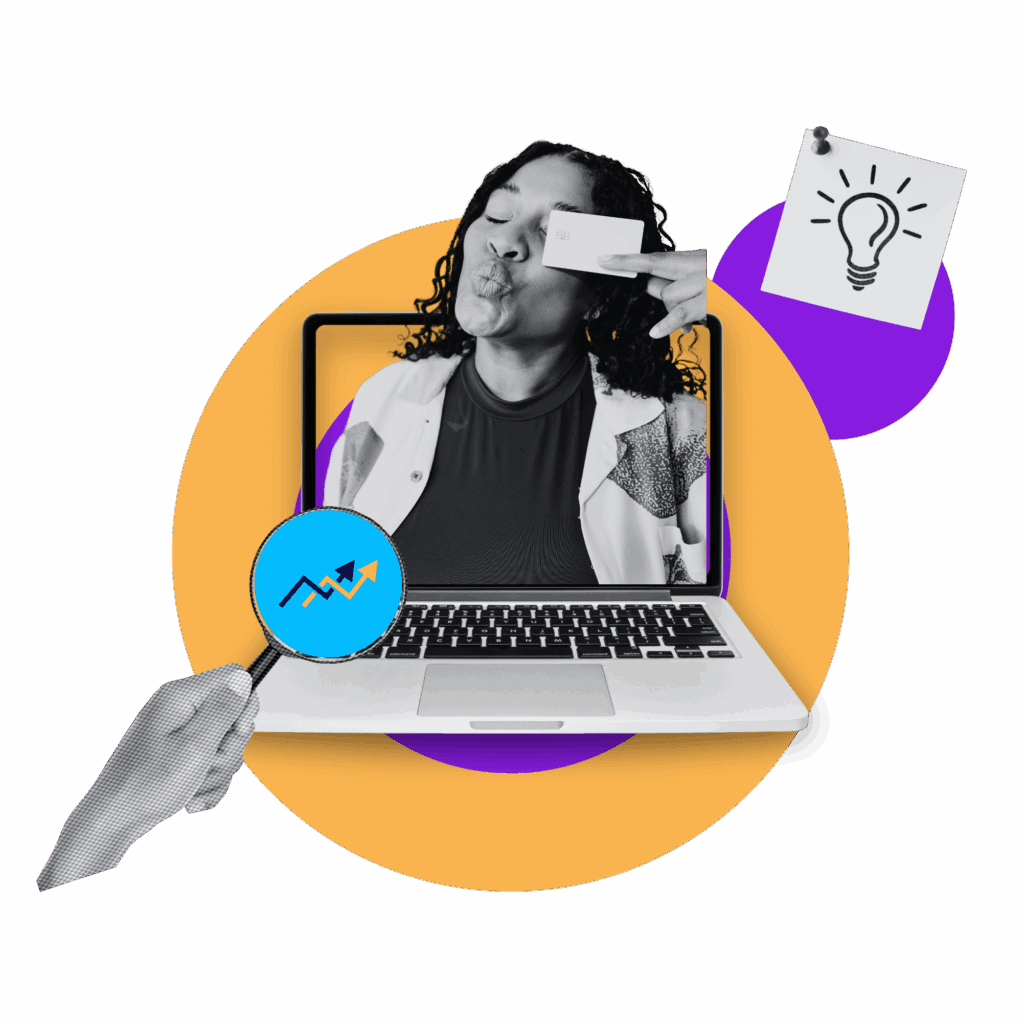person holding a business card and popping out of a laptop