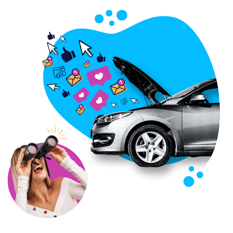 a car with its hood up with internet icons coming out of it
