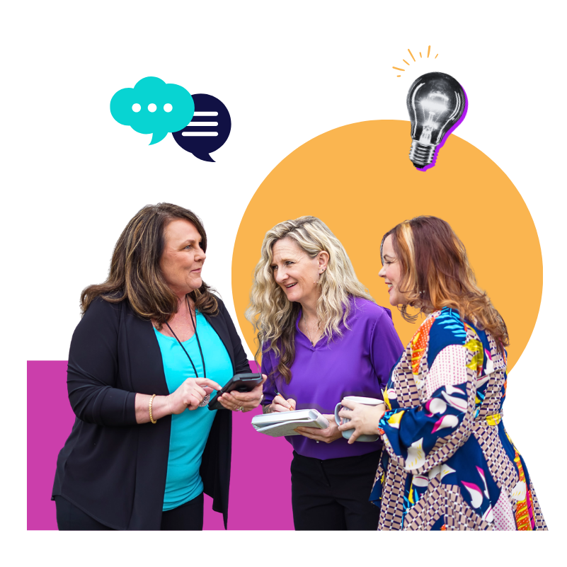 three women business founders chatting while holding coffee, a phone, and a notebook