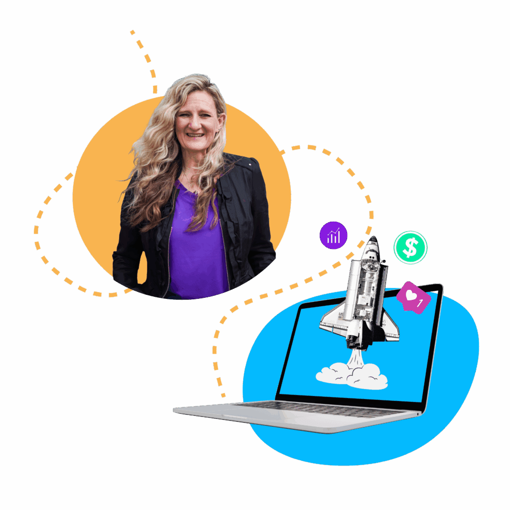 Rocket ship launching from a laptop and flying toward a smiling Realign Consulting coaching client