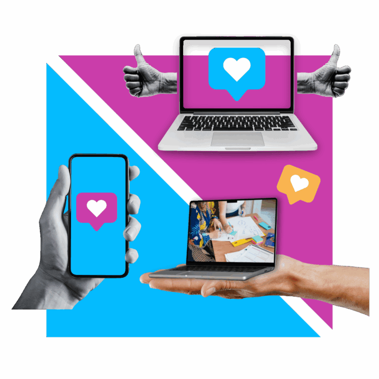 hands holding laptops and phone with conversation bubbles on the screens