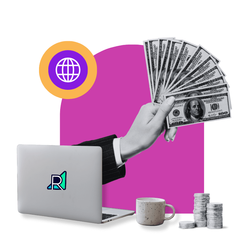 a hand coming out of a laptop holding a stack of dollar bills