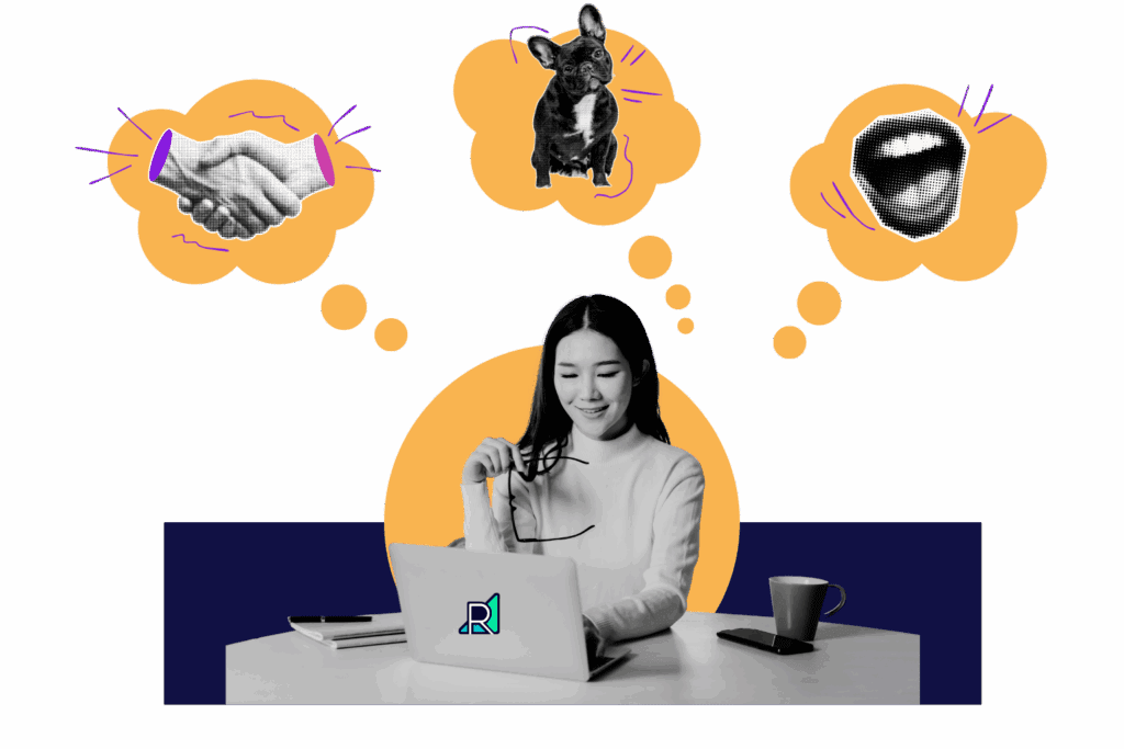 a woman sitting at a table with her laptop, with thought bubbles of different ideas above her head