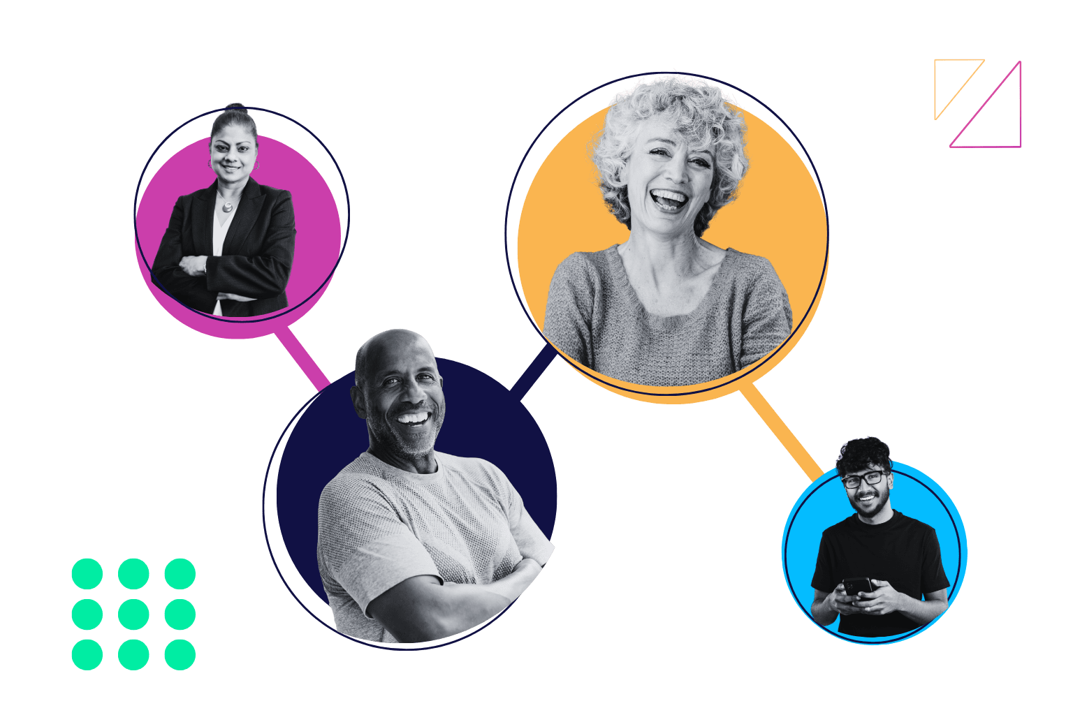 4 distinctly different looking people connected by a line