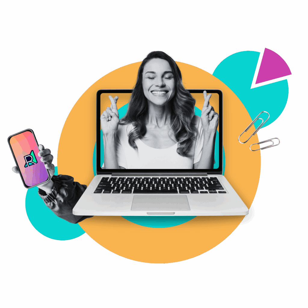 woman with crossed fingers popping out of laptop