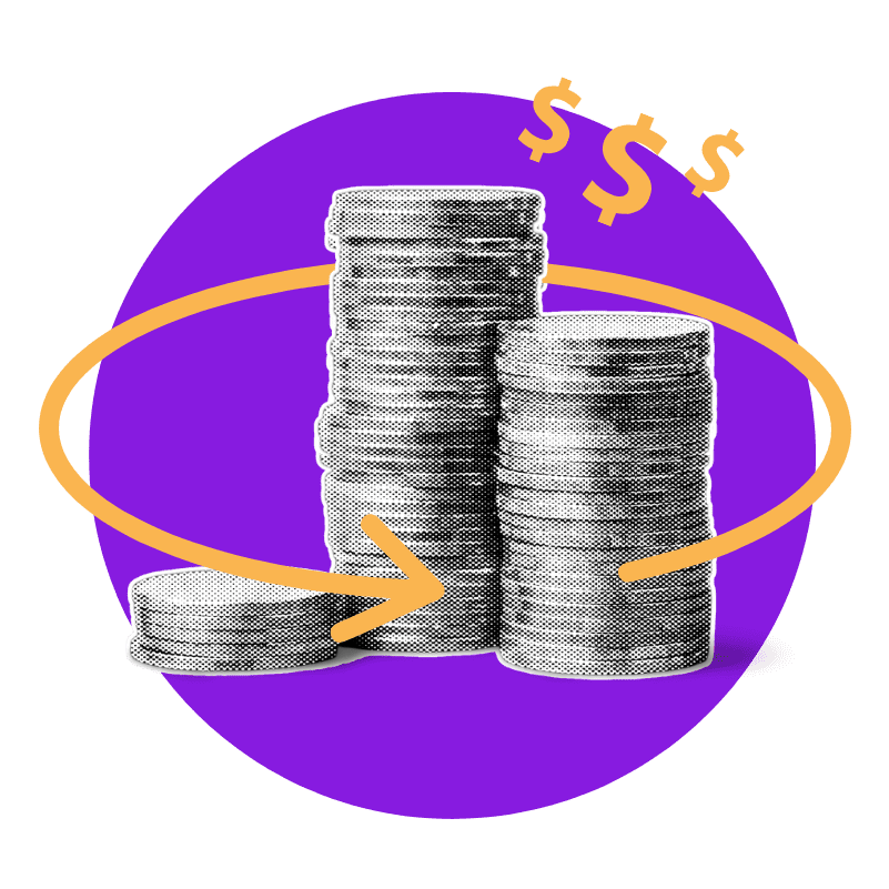a stack of coins with dollar signs above them
