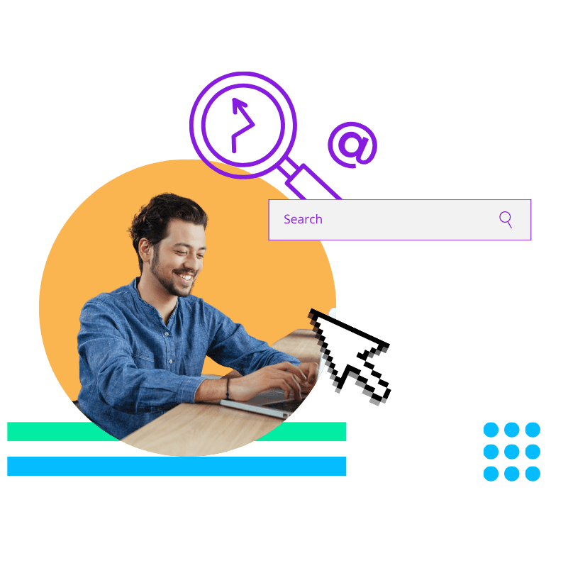 a man typing on a computer with an enlarged search bar above his head