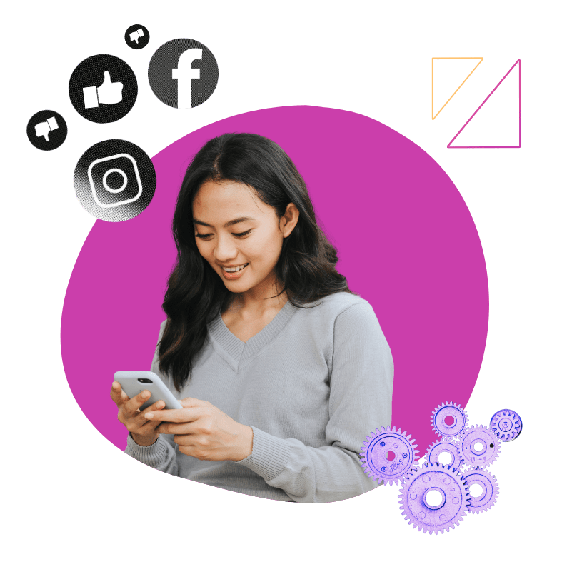 a young person looking at their phone with social media icons floating above their head