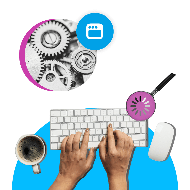a pair of hands typing on a computer keyboard with gears floating above