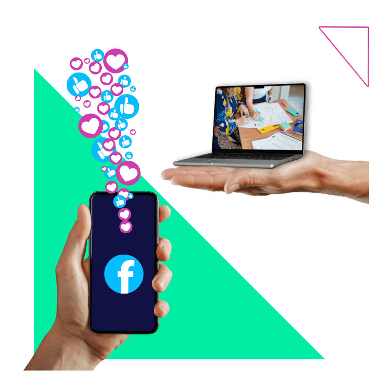 two hands, one holding a phone with "like" and "heart" emojis floating from it, and one holding a an open laptop