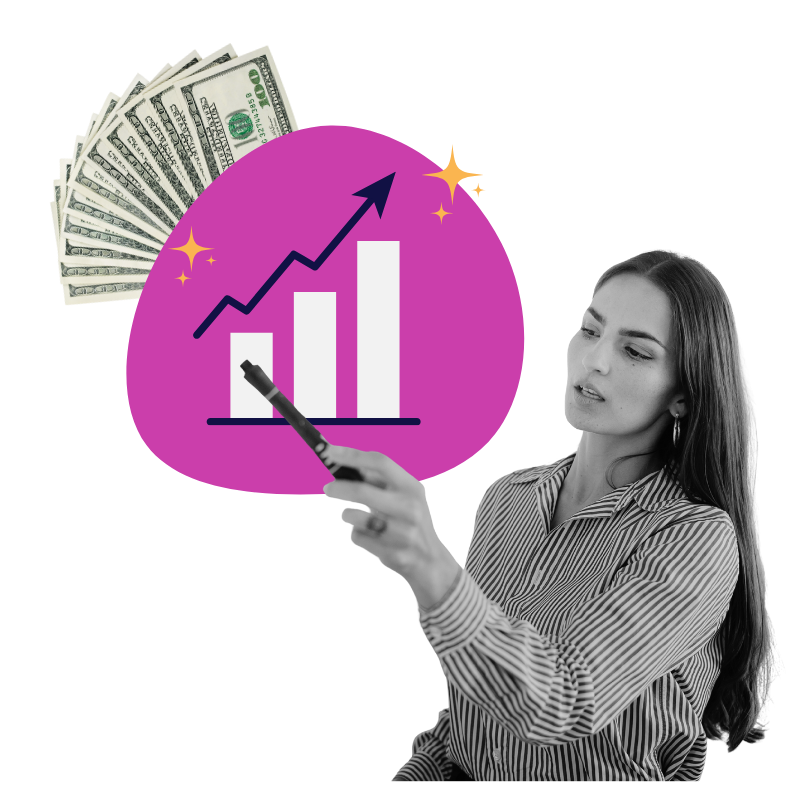 a woman using a marker to point to a graph with dollar bills above it