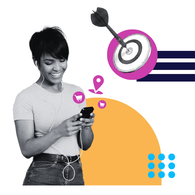a woman looking at her phone while a target with a dart in it floats above her head