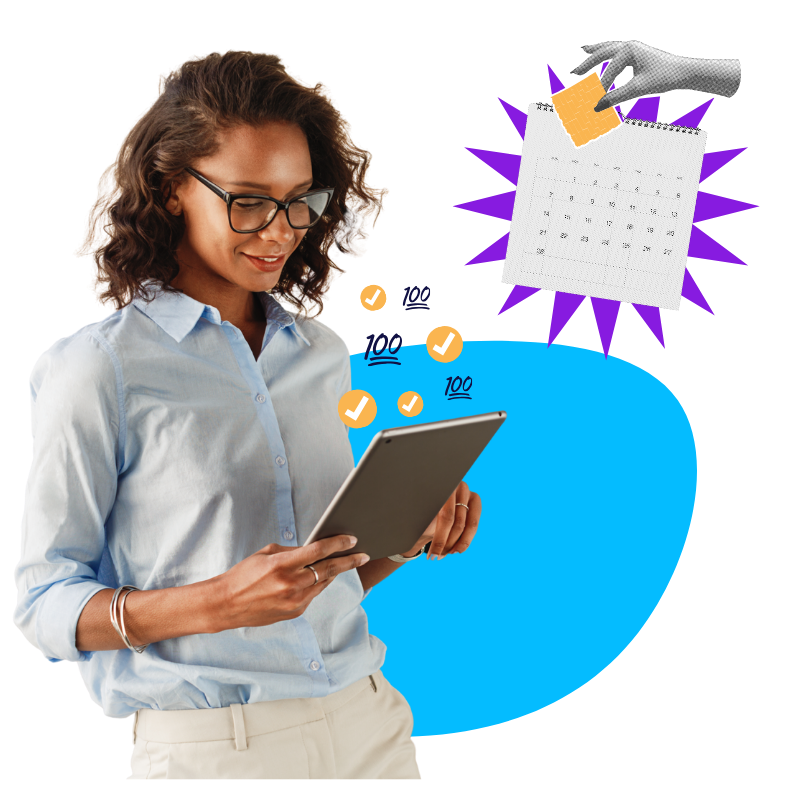 a woman with a calendar behind her looking at a clipboard