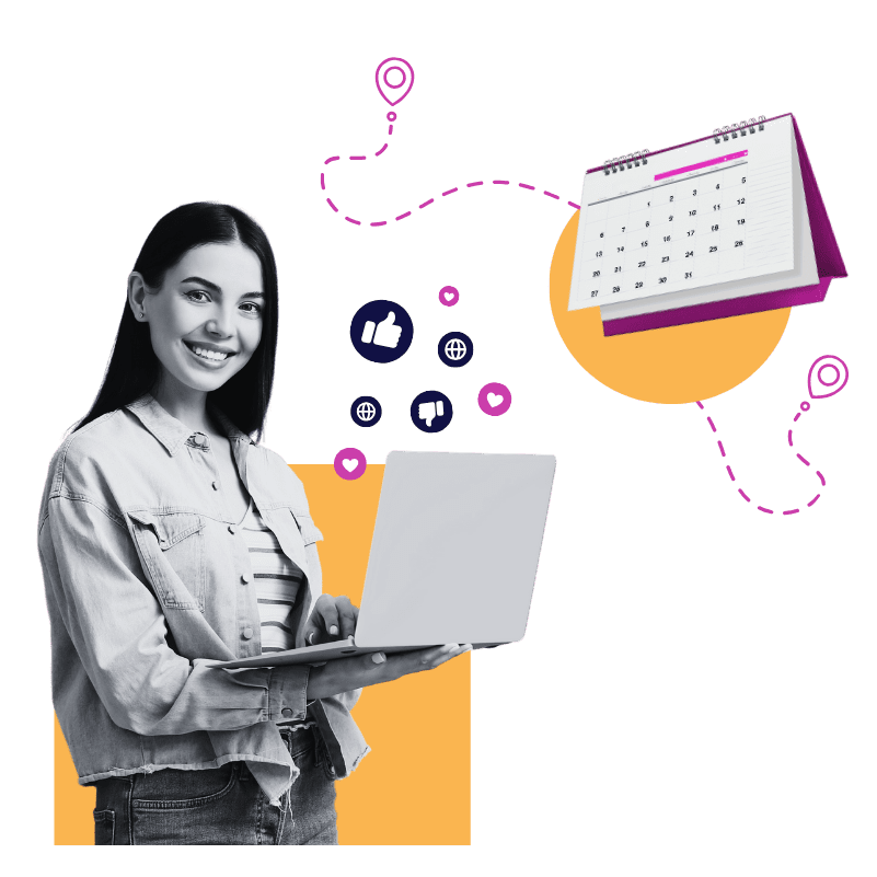 a woman holding an open laptop with a calendar above her head