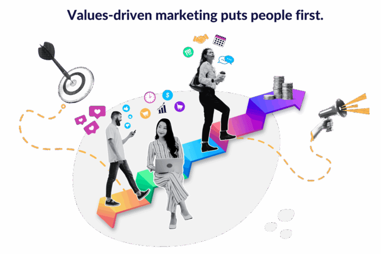 people holding phones and laptops walking up a colorful staircase. Text over image reads: Values-driven marketing puts people first.