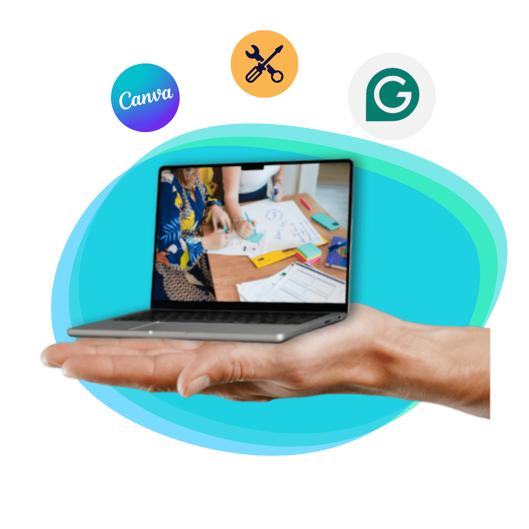 a hand holding an open laptop with several icons floating above, including the Canva and Grammarly icons
