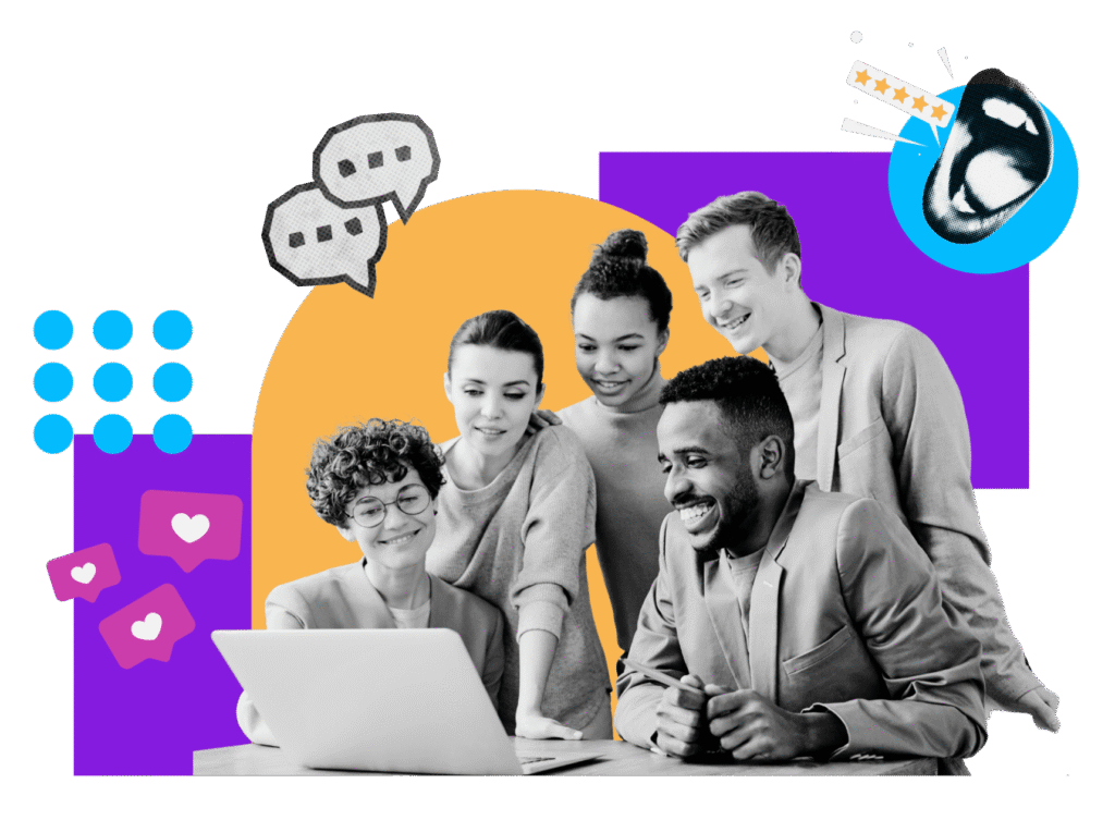 several smiling people crowded around a laptop