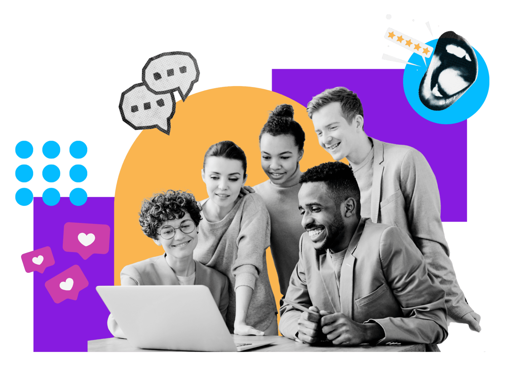 several smiling people crowded around a laptop