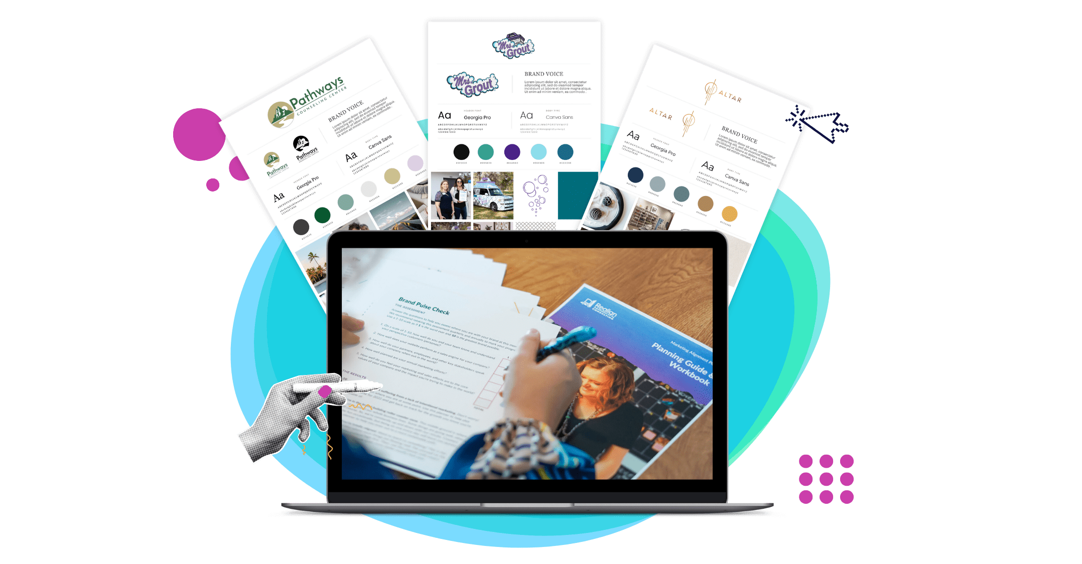 A open laptop with an image of the Realign Consulting Brand Refresh workbook, with sample color palettes in the background