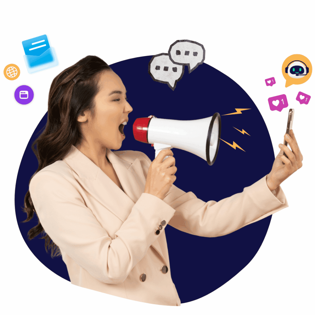 a person yelling through a loud speaker with internet icons floating around her head