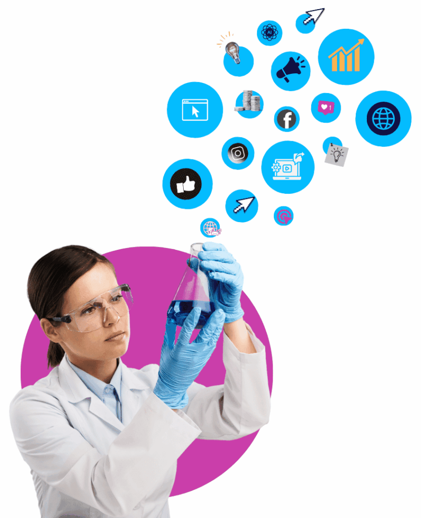 a person in a lab coat holding a liquid-filled beaker with internet icons floating out of it