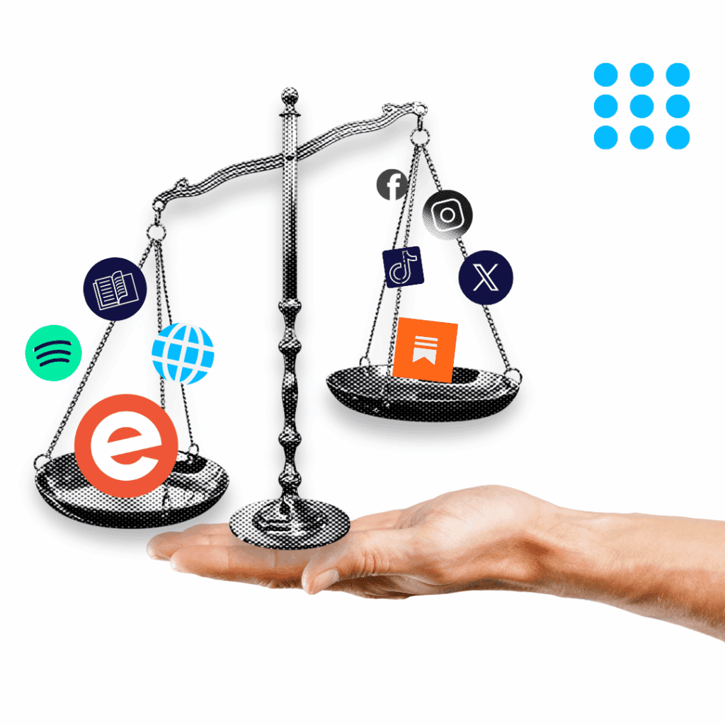 balance scales weighed down by various internet icons