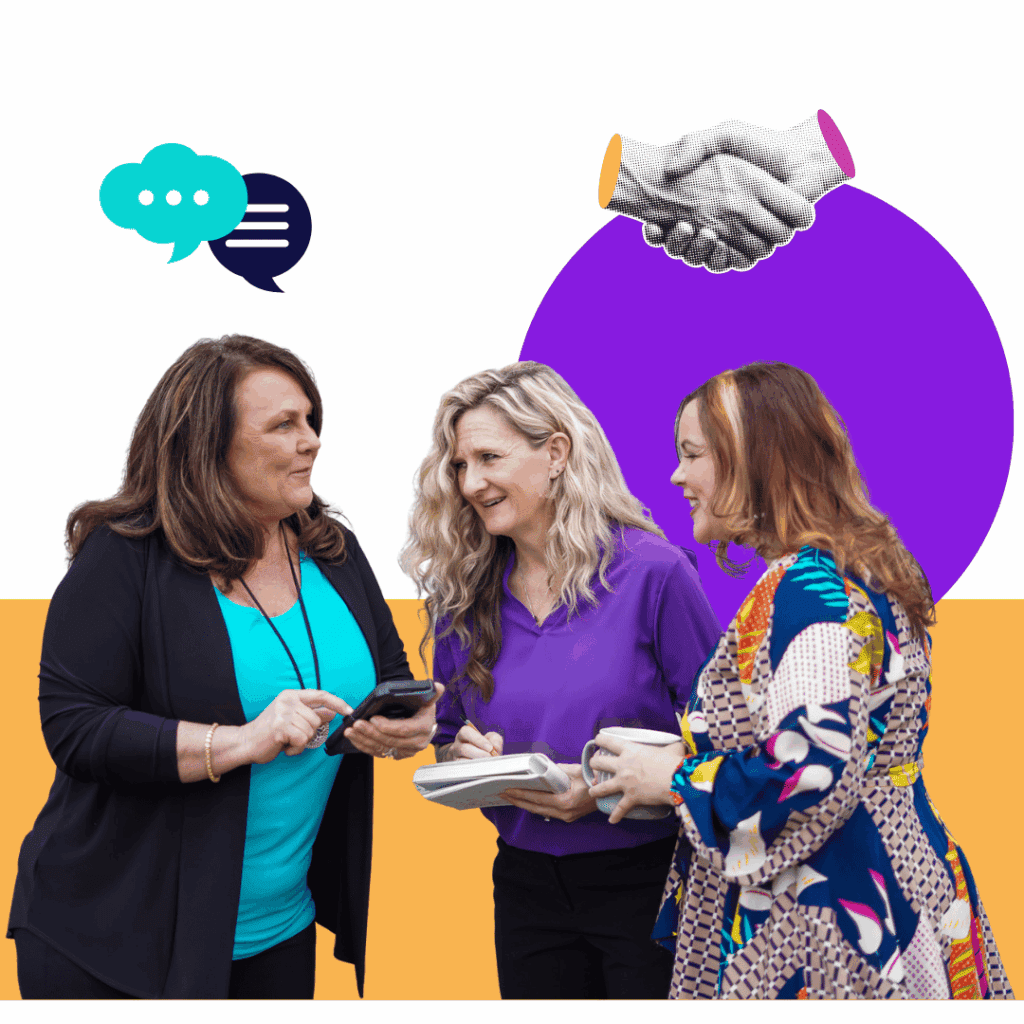 three women small business owners chatting while holding phones and coffee