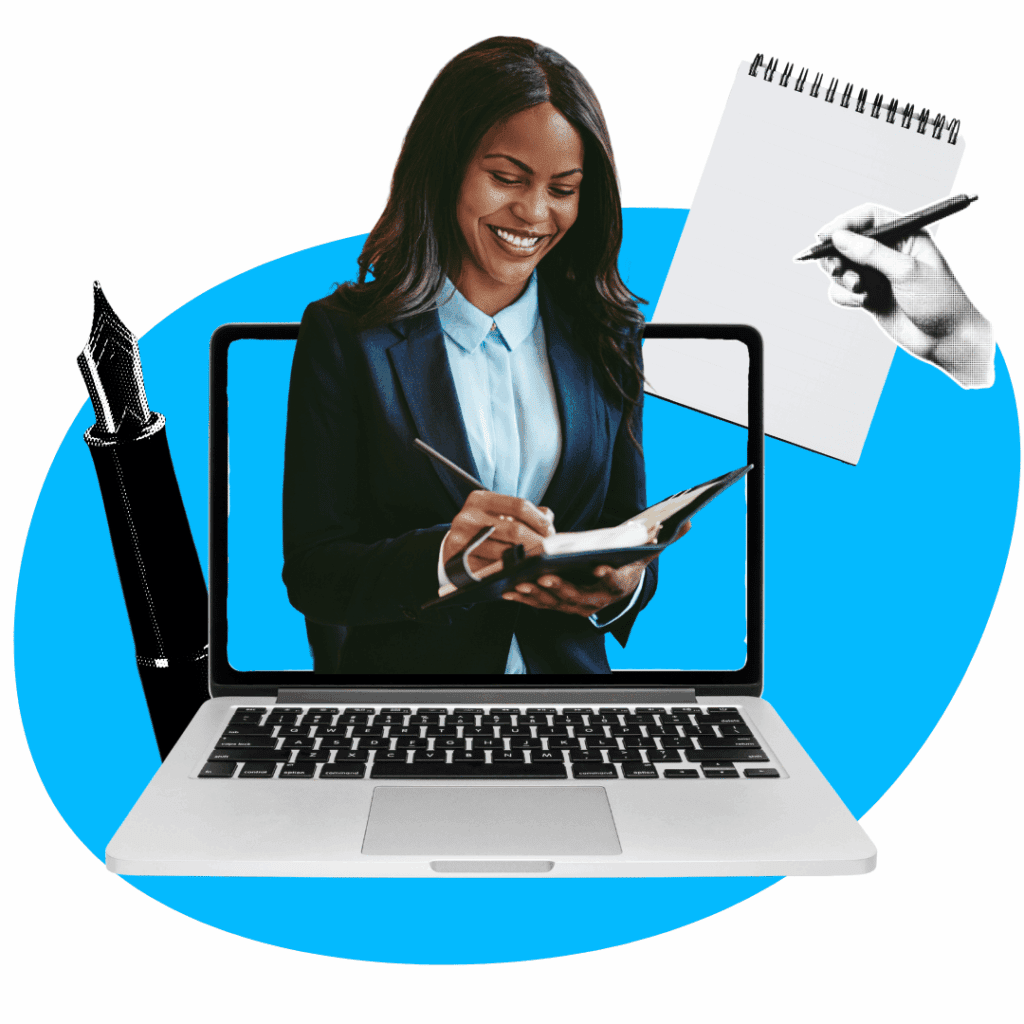 a women in a computer screen holding a notebook and writing. a fountain pen and open notebook float off to the sides