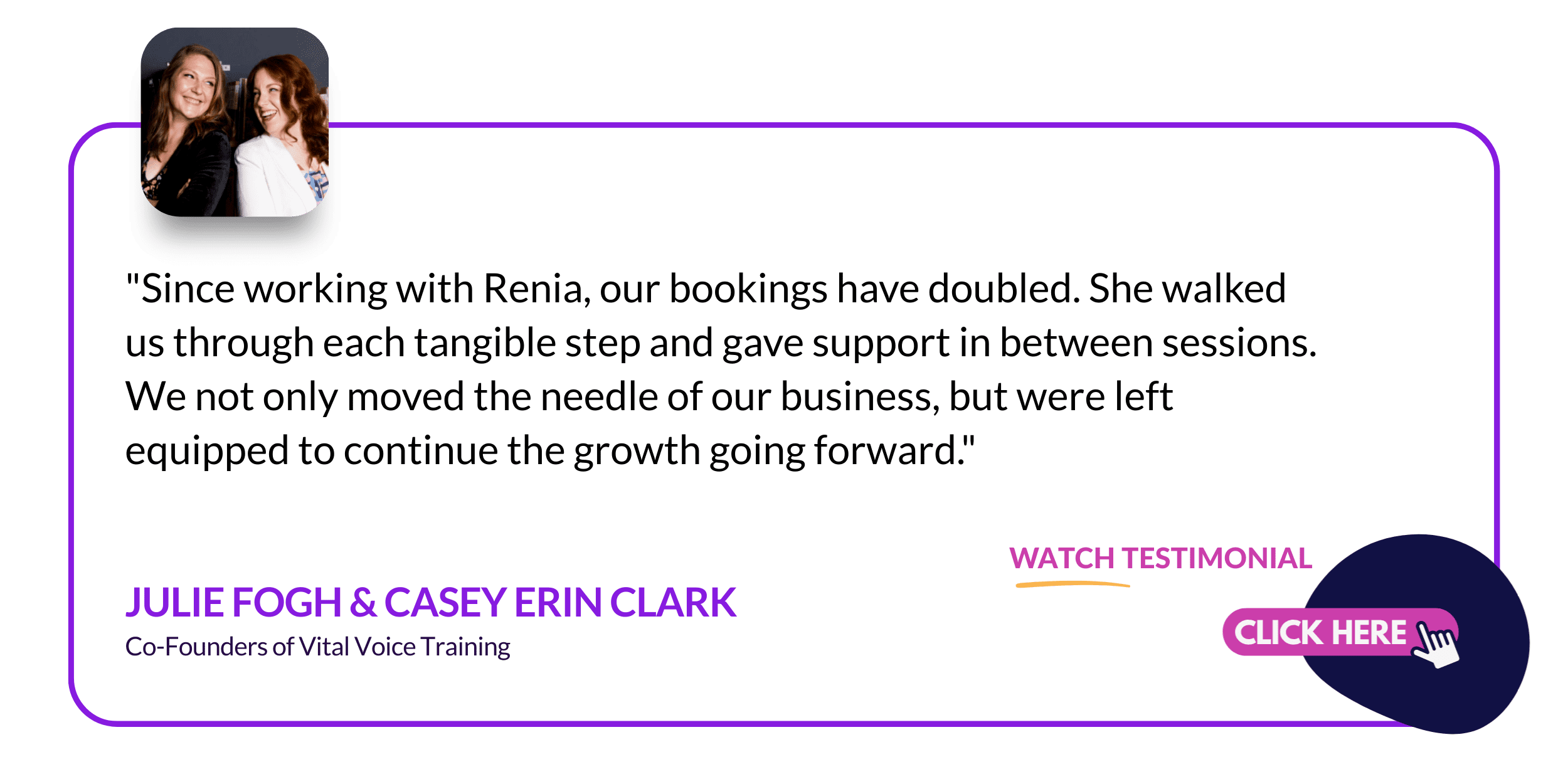 Business coaching testimonial by women founders Julie Fogh and Casey Erin Clark. Click to watch the full video testimonial.