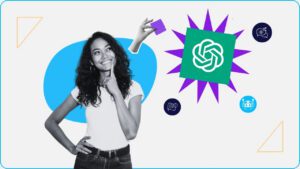 Smiling woman with her finger to her chin, next to the ChatGPT logo and chat box icons symbolizing prompts for digital marketing