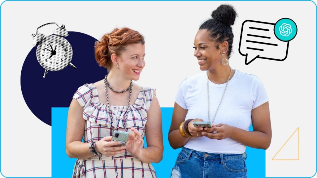 Two smiling women with phones; a clock in the background symbolizes how ChatGPT for marketing can help save time