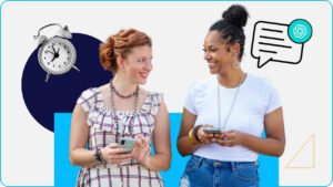 Two smiling women with phones; a clock in the background symbolizes how ChatGPT for marketing can help save time