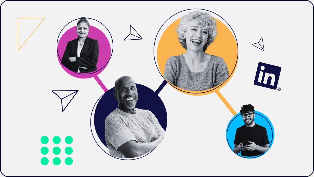 Smiling people linked by colorful circles, symbolizing the results of successful LinkedIn marketing
