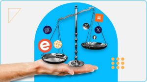 Hand holding scales with icons of media platforms Realign Consulting can help you be discoverable on