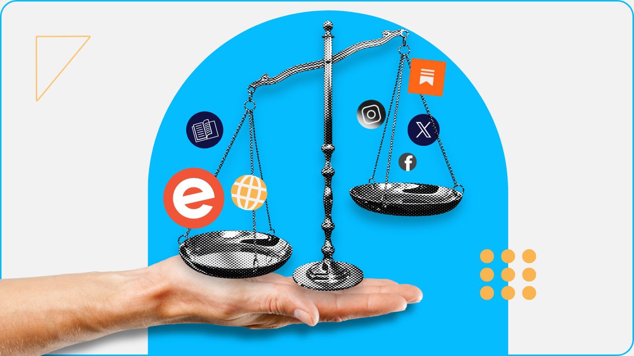 Hand holding scales with icons of media platforms Realign Consulting can help you be discoverable on