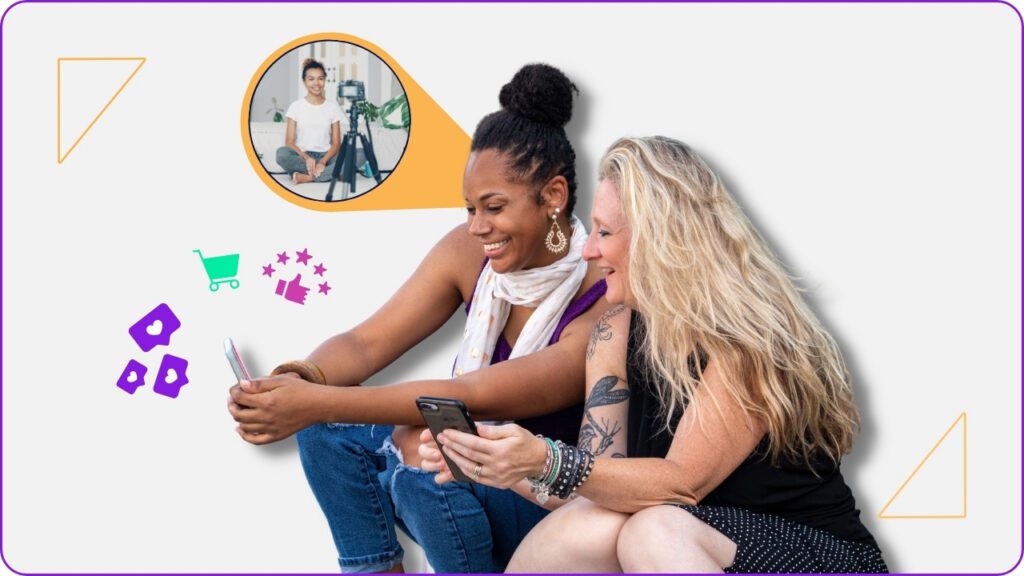 Two women look at phones; a thought bubble containing a person with a camera symbolizes they're considering video marketing