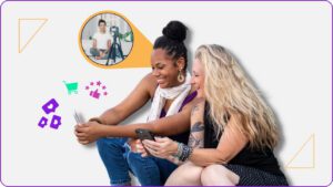 Two women look at phones; a thought bubble containing a person with a camera symbolizes they're considering video marketing