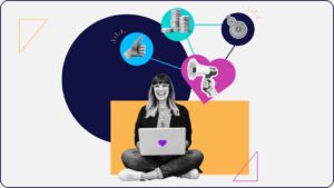 Smiling laptop user with coin and megaphone icons representing content optimization outcomes